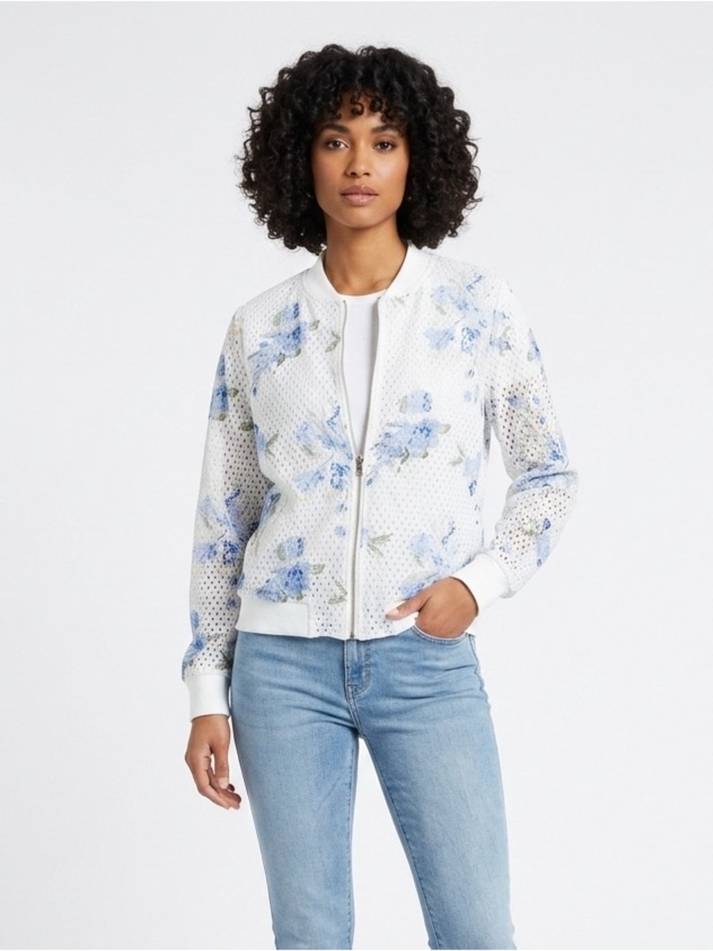 Guillaume Eyelet Bomber Jacket in a Blue Floral Print Size Large